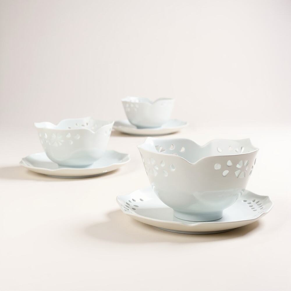 Japanese White Porcelain Cutout Bowl & Saucer Set-17pc-Pier 1 Lotus Accent Plate
